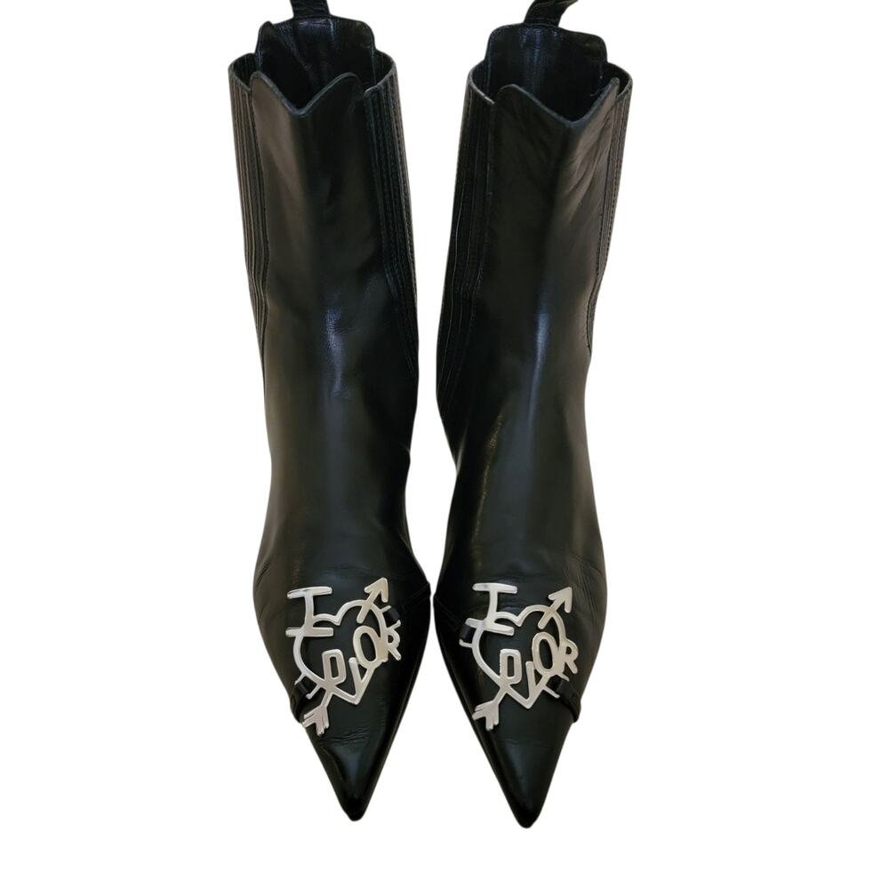 Vintage Dior Galliano Black Leather Metal-Toe Pointed Ankle Boots 36 US 6
